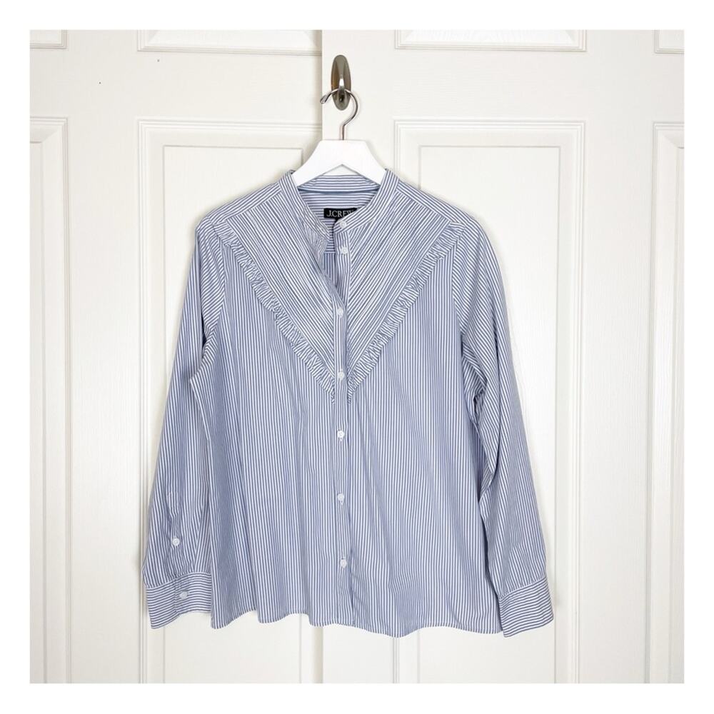 J. Crew Striped Ruffle Shirt Cotton Poplin Blue White Button Down Sz 16